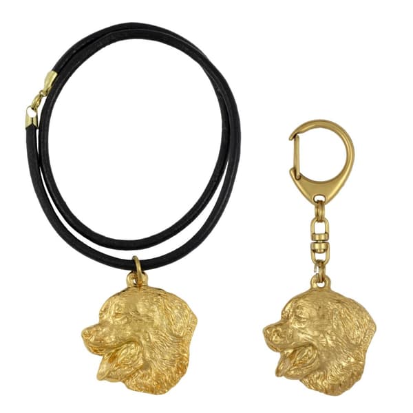 Berner Sennenhund, Berner Sennenhund - nyckelring och halsband med hund i låda, högkvalitativ guldpläterad produkt, Art-Dog varumärke
