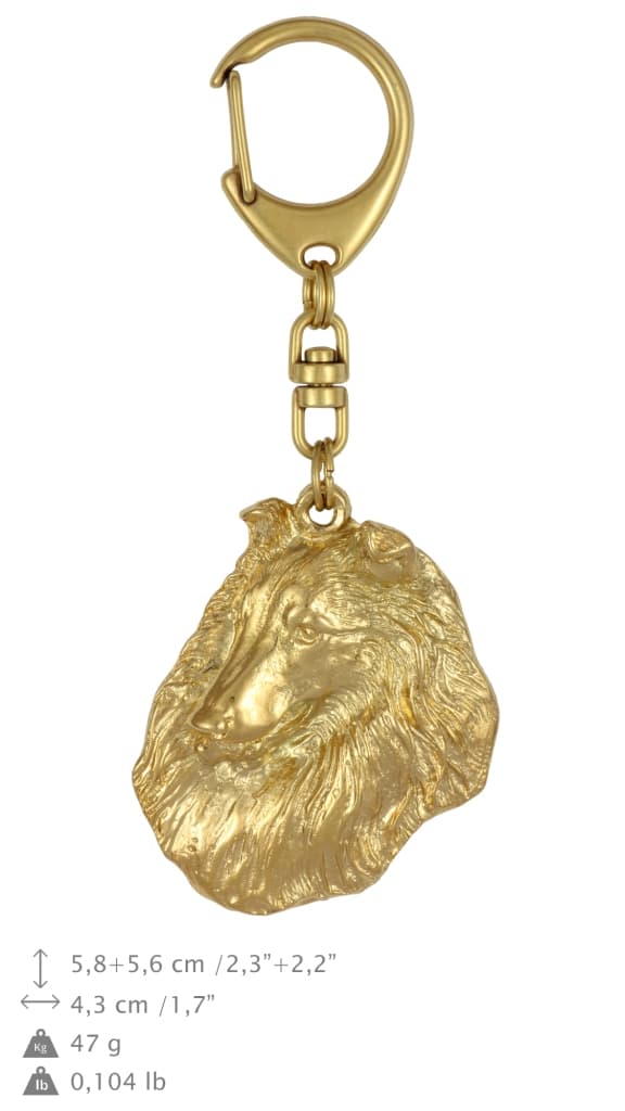 Långhårig Scottish Shepherd, Collie rough - nyckelring och halsband med en hund i låda, högkvalitativ guldpläterad produkt, Art-Dog varumärke
