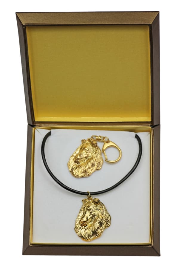 Långhårig Scottish Shepherd, Collie rough - nyckelring och halsband med en hund i låda, högkvalitativ guldpläterad produkt, Art-Dog varumärke