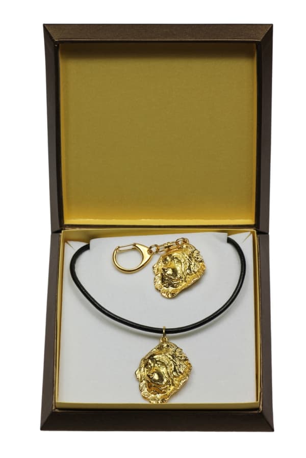 Tibetansk Mastiff, Tibetansk Grand Danois - nyckelring och halsband med en hund i en låda, högkvalitativ guldpläterad produkt, Art-Dog varumärke
