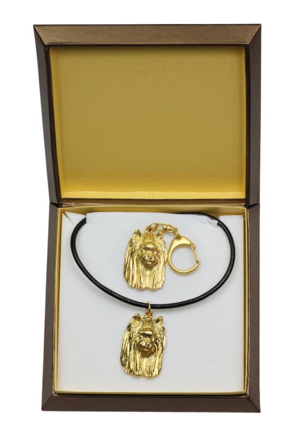Yorkshire Terrier, York, York, Yorkie III - nyckelring och halsband med en hund i en låda, högkvalitativ guldpläterad produkt, Art-Dog varumärke