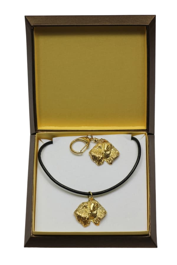 Belagd wheaten terrier - nyckelring och halsband med en hund i en låda, högkvalitativ guldpläterad produkt, Art-Dog varumärke