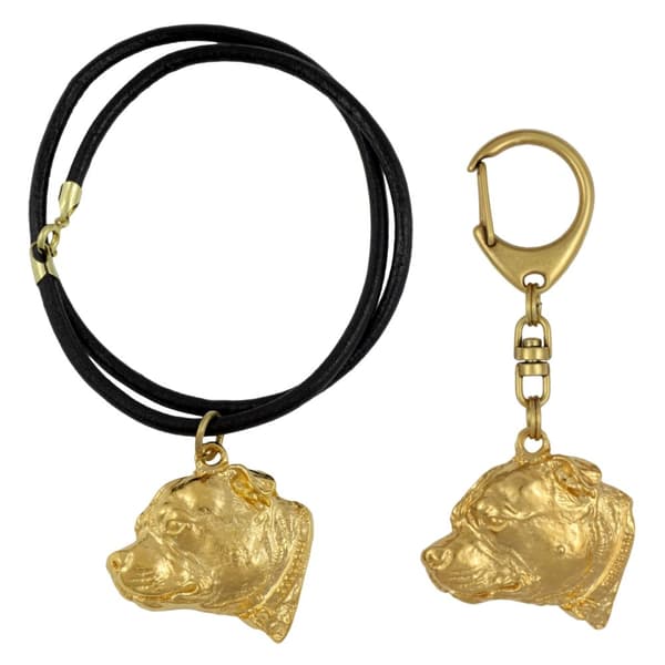 Staffordshire Bull Terrier, Staffik, Staffi III - nyckelring och halsband med en hund i låda, högkvalitativ guldpläterad produkt, Art-Dog varumärke