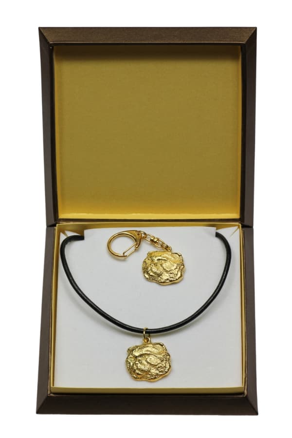 Katt - nyckelring och halsband med en katt i en låda, högkvalitativ guldpläterad produkt, Art-Dog varumärke