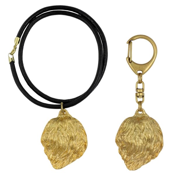 Polish Lowland Sheepdog, PON - nyckelring och halsband med en hund i låda, högkvalitativ guldpläterad produkt, Art-Dog varumärke