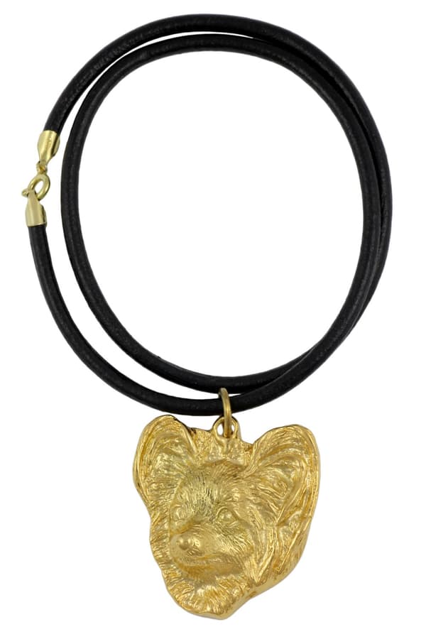 Papillon, Continental Spaniel - nyckelring och halsband med en hund i en låda, högkvalitativ guldpläterad produkt, Art-Dog varumärke