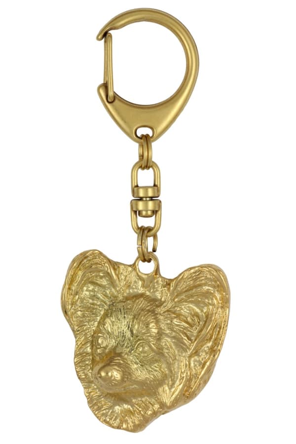 Papillon, Continental Spaniel - nyckelring och halsband med en hund i en låda, högkvalitativ guldpläterad produkt, Art-Dog varumärke