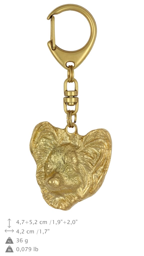 Papillon, Continental Spaniel - nyckelring och halsband med en hund i en låda, högkvalitativ guldpläterad produkt, Art-Dog varumärke