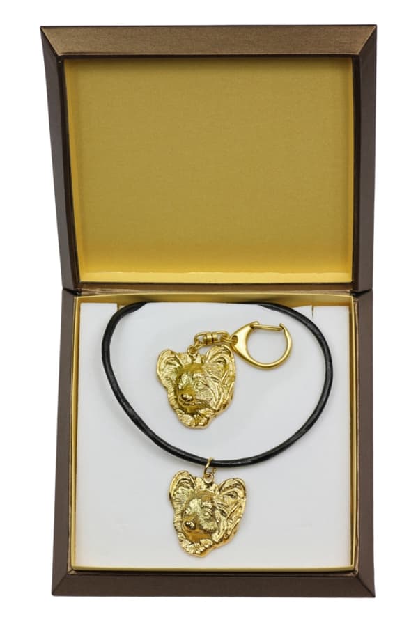 Papillon, Continental Spaniel - nyckelring och halsband med en hund i en låda, högkvalitativ guldpläterad produkt, Art-Dog varumärke