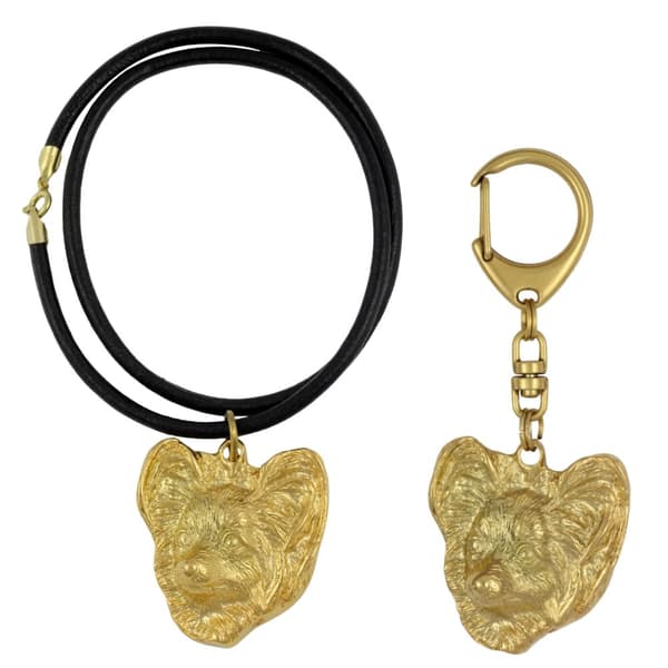 Papillon, Continental Spaniel - nyckelring och halsband med en hund i en låda, högkvalitativ guldpläterad produkt, Art-Dog varumärke