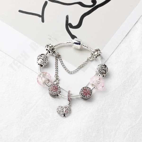 TD® modearmband charmsmycken med livets träd hängen i 925-1000 sterling silver inlagda med rosa strass