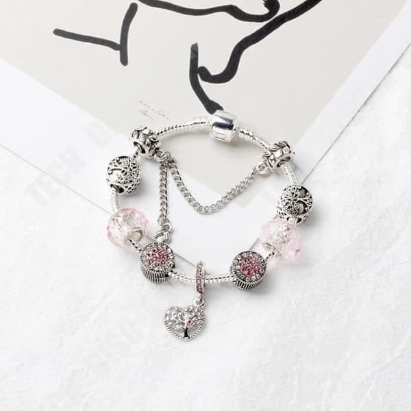 TD® modearmband charmsmycken med livets träd hängen i 925-1000 sterling silver inlagda med rosa strass