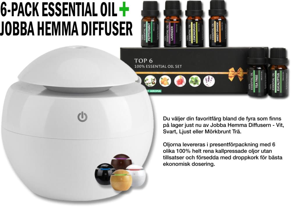 6-PACK ETERISK OLJA + JOBBA HEMMA DIFFUSER (PAKET-PRIS)