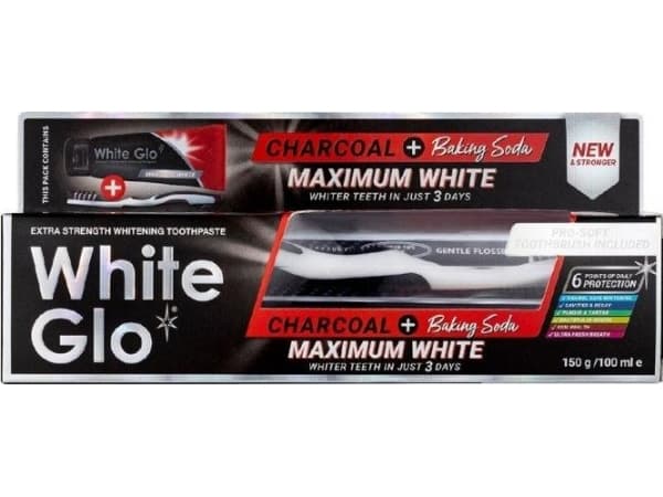 WHITE GLO_SET Charcoal + Baking Soda Maximum White whitening toothpaste 150g/100ml + brush