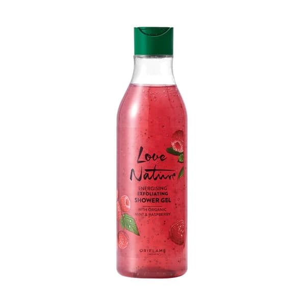 Oriflame Love Nature eksfolierende showergel med økologisk mynte og hindbær 500 ml