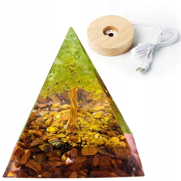 ORGONIT Pyramid + LED Lampbas 5cm Kristallstenar Amulett 5cm HX02