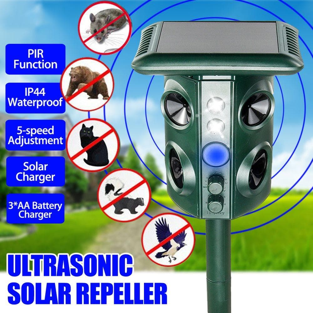 10M 5 hastigheter 4 horn 110 graders solenergi/batteri Ultraljud Katt Hund Skadedjursskydd PIR-sensor Detektering Blixtvarning