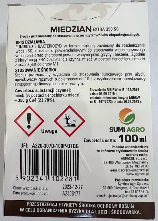 MIEDZIAN EXTRA 350 SC sienitautien torjunta-aine HEDELMÄT JA VIHANNEKSET Agrecol 100 ml
