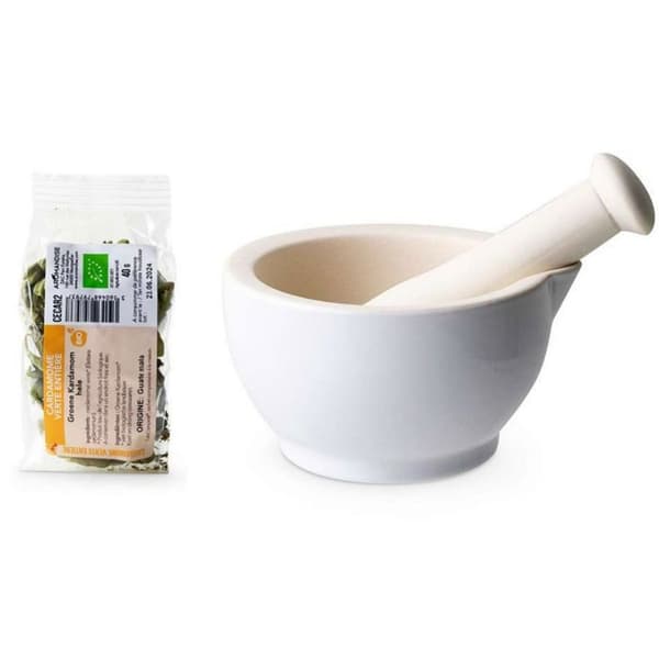 Vit sandstensmortel och mortelstöt + ekologisk hel grön kardemumma - 40 g