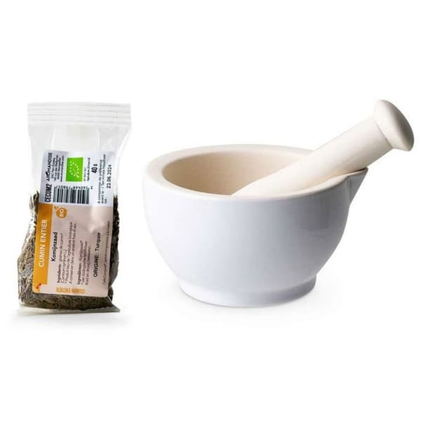 Vit stengodsmortel och mortelstöt + Ekologisk hel spiskummin - 40 g