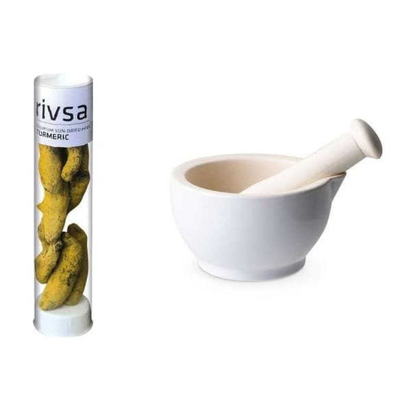 Vit sandstensmortel och mortelstöt + gurkmeja rhizom - 30 g