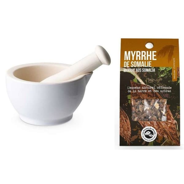Mortel och mortelstöt i vit sandsten + Myrraharts från Somalia