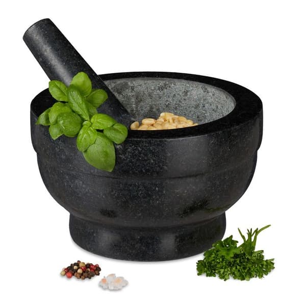 Relaxdays Mortel i granit med pistill, robust, för kryddor, örter, mortel i polerad sten, 5,6 kg, cm, 1l, svart