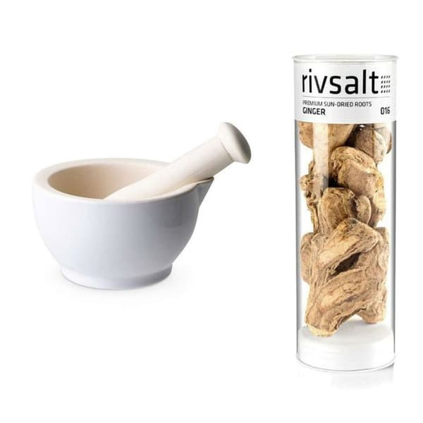 Vit sandstensmortel och mortelstöt + ingefära rhizom - 50 g