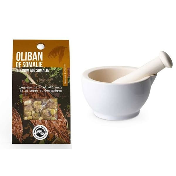 Mortel och mortelstöt i vit sandsten + Frankincense harts från Somalia