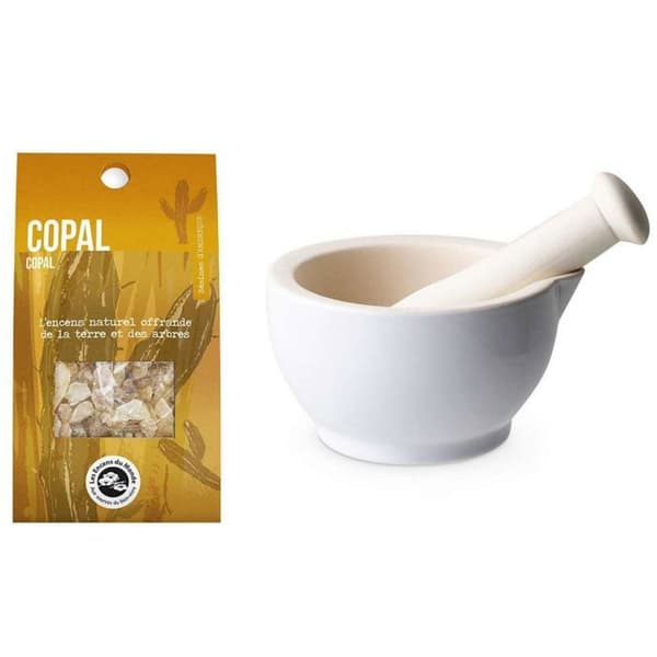 Mortel och mortelstöt i vit sandsten + Copal harts