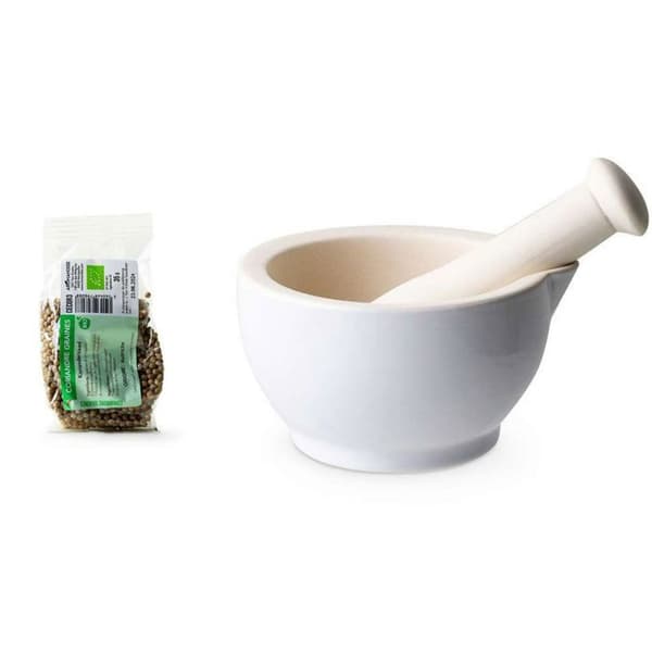 Vit sandstensmortel och mortelstöt + ekologiskt korianderfrö - 35 g