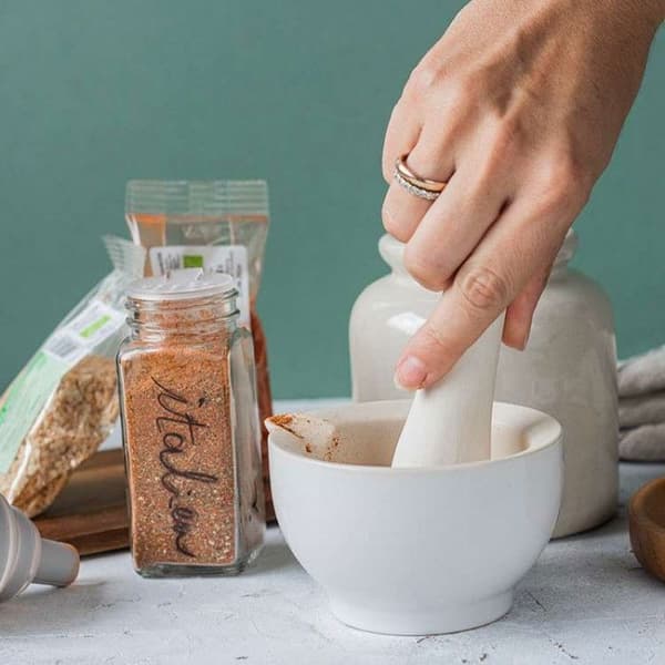 Vit stengodsmortel och mortelstöt + Ekologisk psyllium 100 g