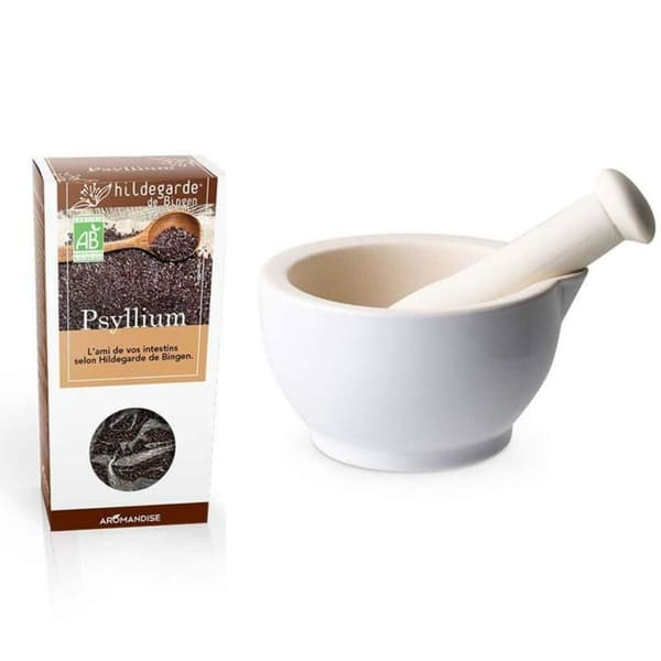 Vit stengodsmortel och mortelstöt + Ekologisk psyllium 100 g