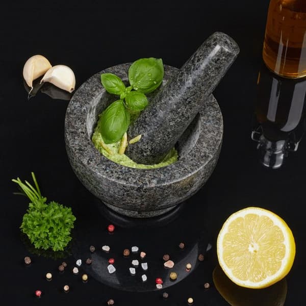 Relaxdays Mortel i granit med stöt, robust, för kryddor, örter, mortel i polerad sten, d. 13 cm, 250 ml, grå