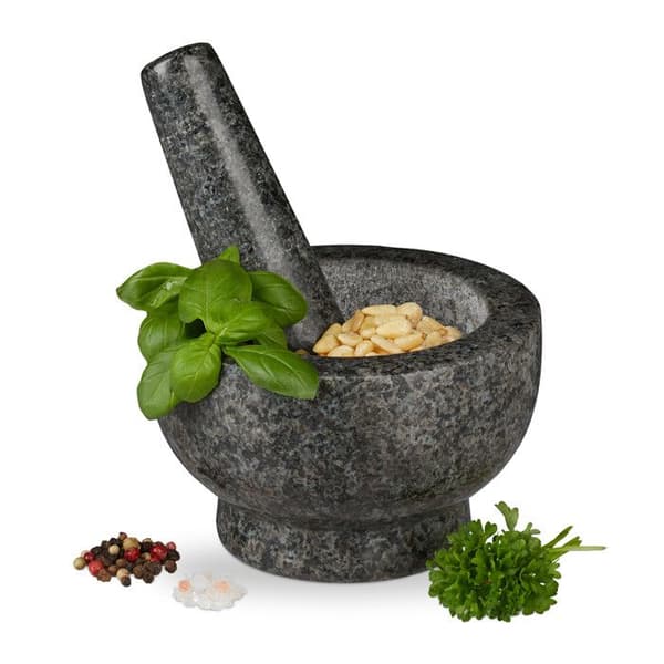 Relaxdays Mortel i granit med stöt, robust, för kryddor, örter, mortel i polerad sten, d. 13 cm, 250 ml, grå