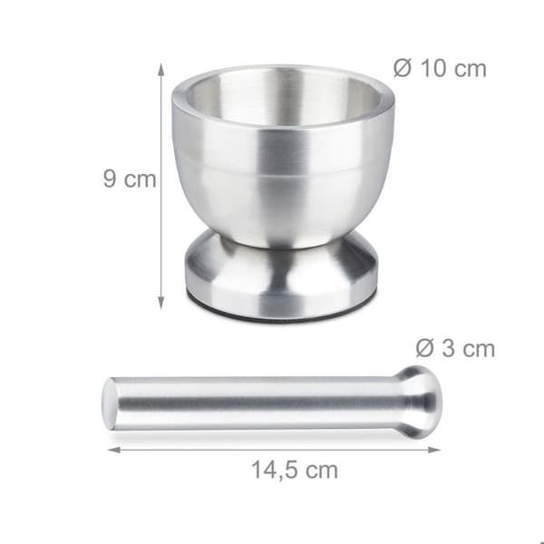 Relaxdays Mortel, rostfritt stål, med lock, kryddor, örter, halkfri kross, Ø 10 cm, 200 ml, grå