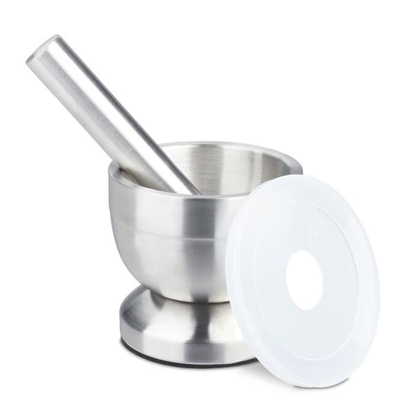 Relaxdays Mortel, rostfritt stål, med lock, kryddor, örter, halkfri kross, Ø 10 cm, 200 ml, grå