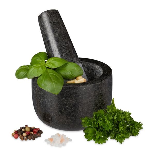Relaxdays Mortel i granit med stöt, robust, för kryddor, örter, mortel i polerad sten, d. 8,5 cm, 400 ml, grå