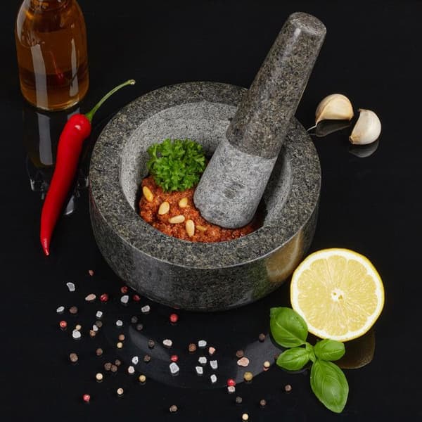 Relaxdays Mortel i granit med stöt, robust, för kryddor, örter, mortel i polerad sten, d. 16 cm, 400 ml, grå