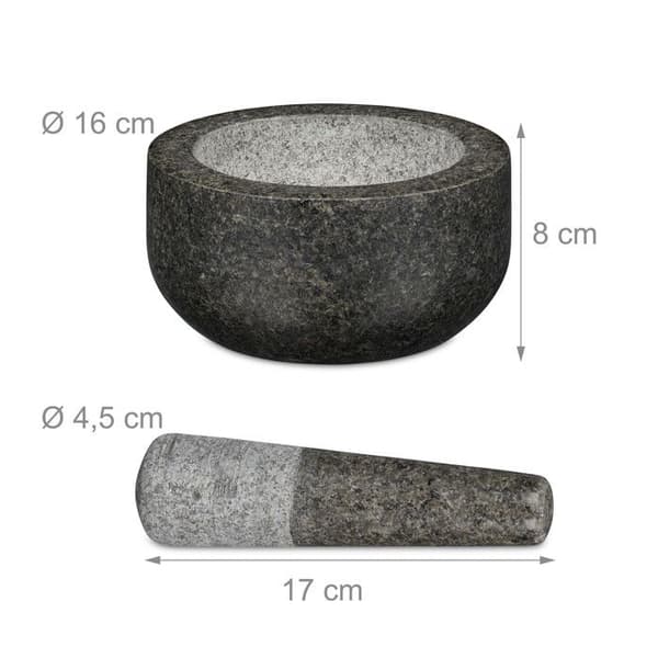 Relaxdays Mortel i granit med stöt, robust, för kryddor, örter, mortel i polerad sten, d. 16 cm, 400 ml, grå