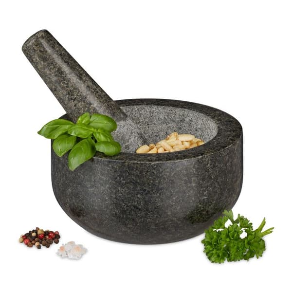 Relaxdays Mortel i granit med stöt, robust, för kryddor, örter, mortel i polerad sten, d. 16 cm, 400 ml, grå