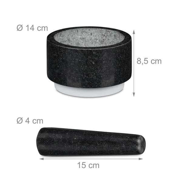 Relaxdays Mortel i granit med stöt, robust, kryddor, örter, halkfri, polerad sten, d. 14 cm, 400ml, grå/vit