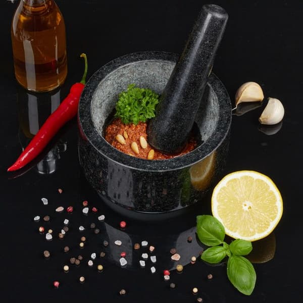 Relaxdays Mortel i granit med stöt, robust, kryddor, örter, halkfri, polerad sten, d. 14 cm, 400ml, grå/vit