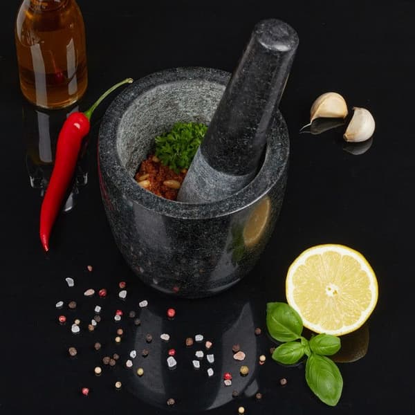 Relaxdays Mortel i granit med stöt, robust, för kryddor, örter, mortel i polerad sten, d. 13 cm, 500 ml, grå