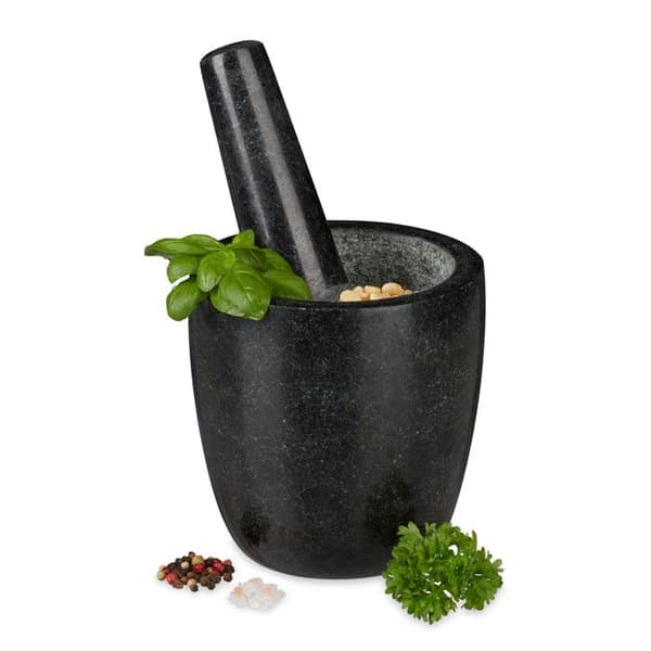 Relaxdays Mortel i granit med stöt, robust, för kryddor, örter, mortel i polerad sten, d. 13 cm, 500 ml, grå