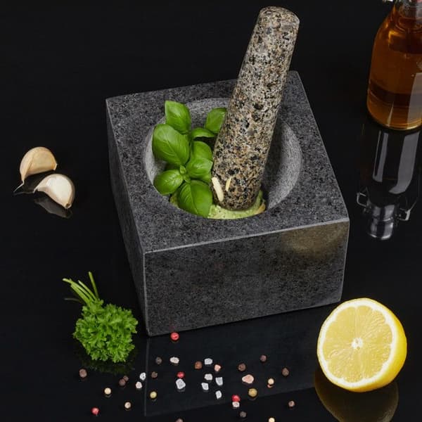 Relaxdays Mortel och pistill, i granit, polerad, lång livslängd, kryddor och örter, 500 ml volym, krossare lxB 14,5 x 14,5 cm