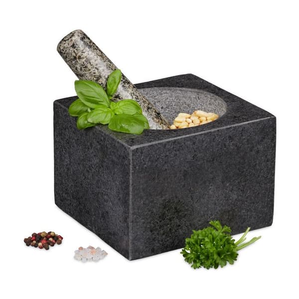 Relaxdays Mortel och pistill, i granit, polerad, lång livslängd, kryddor och örter, 500 ml volym, krossare lxB 14,5 x 14,5 cm