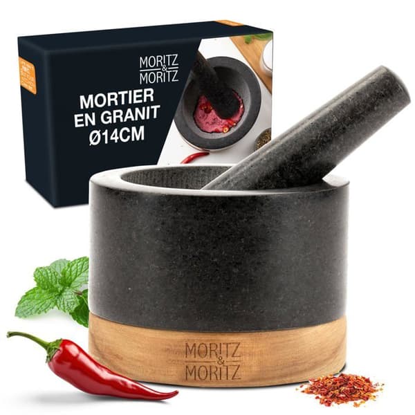 Moritz - moritz - 4951 - Mortel pilon kök Granit - 14cm i diameter - Granit - Bas i ädel trä - Perfekt present
