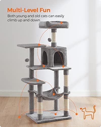 Feandrea Cat Tree, Cat Condo med hængekøje, 143 cm, lysegrå