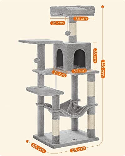 Feandrea Cat Tree, Cat Condo med hængekøje, 143 cm, lysegrå